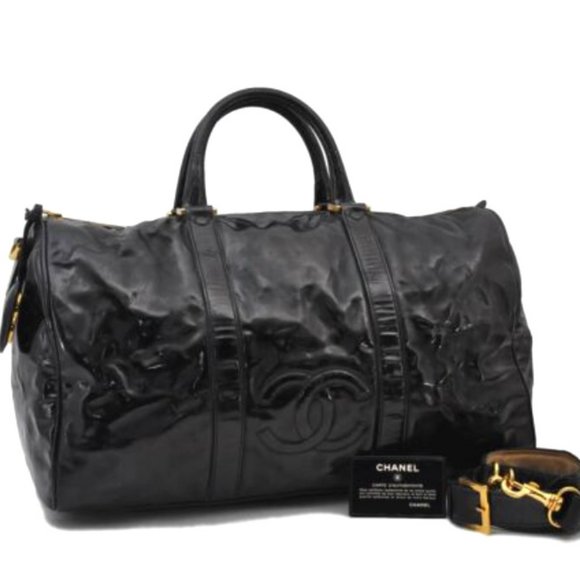 CHANEL Handbags - Auth CHANEL Patent Leather 2-Way Boston Travel Handbag Shoulder Bag Charm +Card